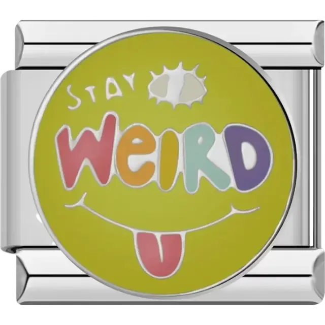 Multicolor "Stay Weird" text with a yellow background white sun and pink tongue smile Italian charm bracelet link