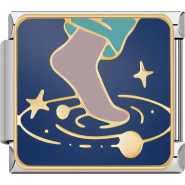 Blue and gold design featuring a foot stepping into a swirl of stars Italian charm bracelet link