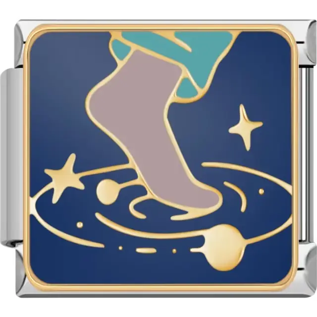 Blue and gold design featuring a foot stepping into a swirl of stars Italian charm bracelet link