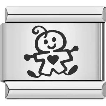 Black stick figure baby with a heart on its chest and a curly strand of hair Italian charm bracelet link