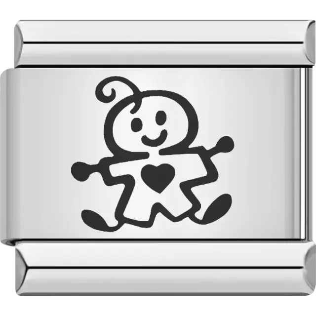 Black stick figure baby with a heart on its chest and a curly strand of hair Italian charm bracelet link