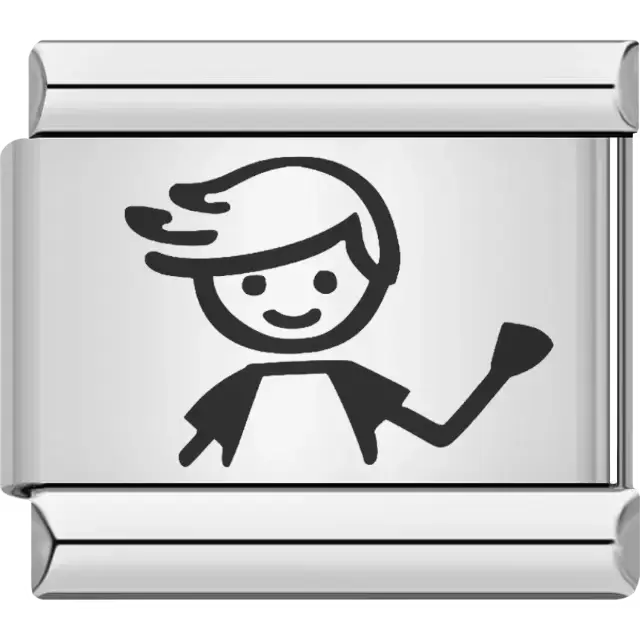 Black stick figure boy with simple facial features and waving arm Italian charm bracelet link