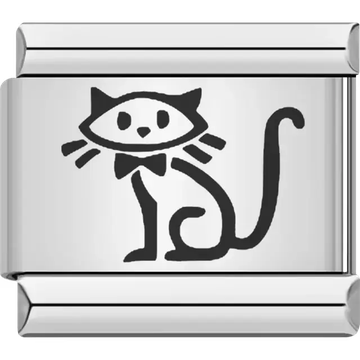 Black stick figure cat with a bow tie and long curled tail Italian charm bracelet link