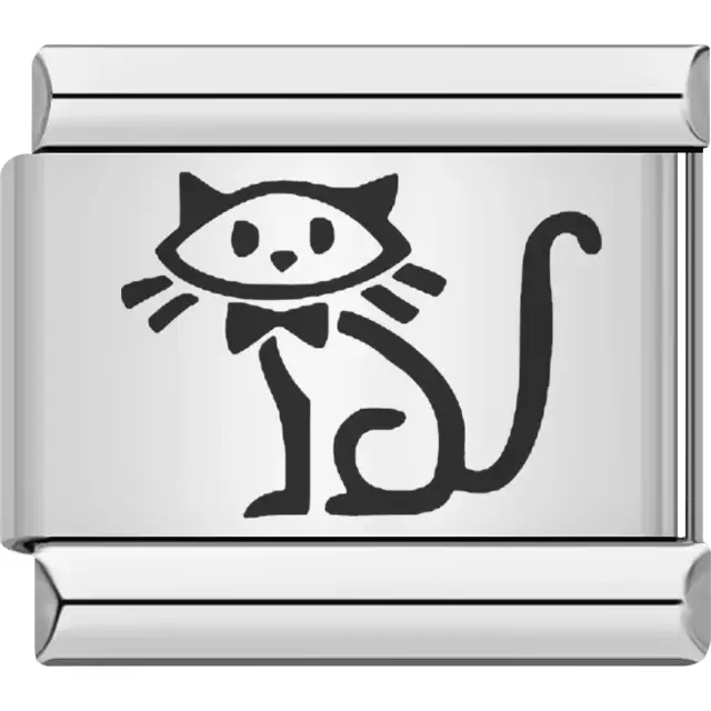 Black stick figure cat with a bow tie and long curled tail Italian charm bracelet link