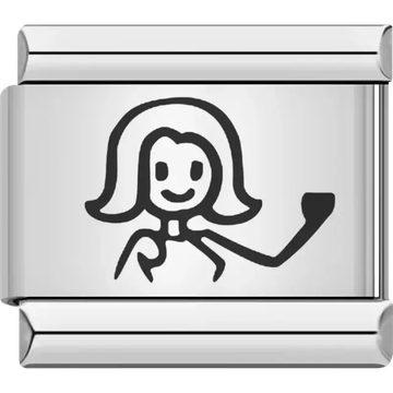 Black stick figure woman with shoulder-length hair and a raised arm Italian charm bracelet link