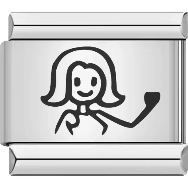 Black stick figure woman with shoulder-length hair and a raised arm Italian charm bracelet link
