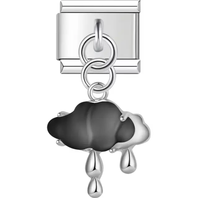 Black and silver storm cloud with silver raindrop dangles Italian charm bracelet link