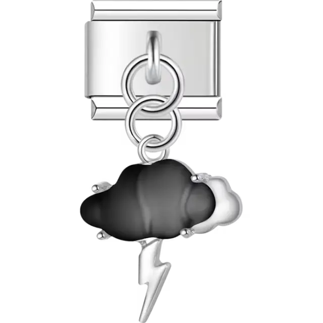 Black and silver cloud with silver lightning bolt dangle Italian charm bracelet link