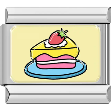 Cake slice with whipped cream and a strawberry on a yellow background Italian charm bracelet link