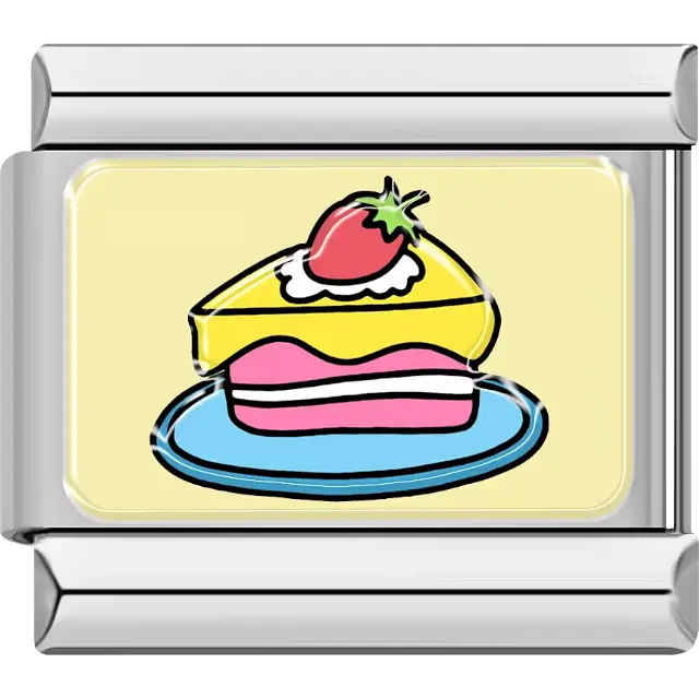 Cake slice with whipped cream and a strawberry on a yellow background Italian charm bracelet link