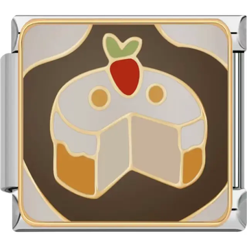 Round cake with white icing gold outline and a red strawberry on top Italian charm bracelet link