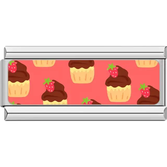 Yellow cupcakes with chocolate frosting and strawberries on pink background Italian charm bracelet link