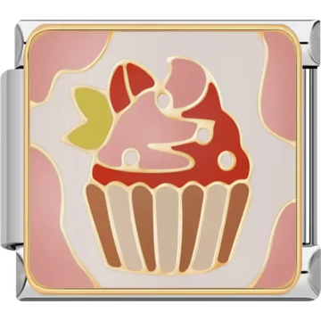 Cupcake with red strawberry topping, pink frosting, and a gold outline on a pink background Italian charm bracelet link