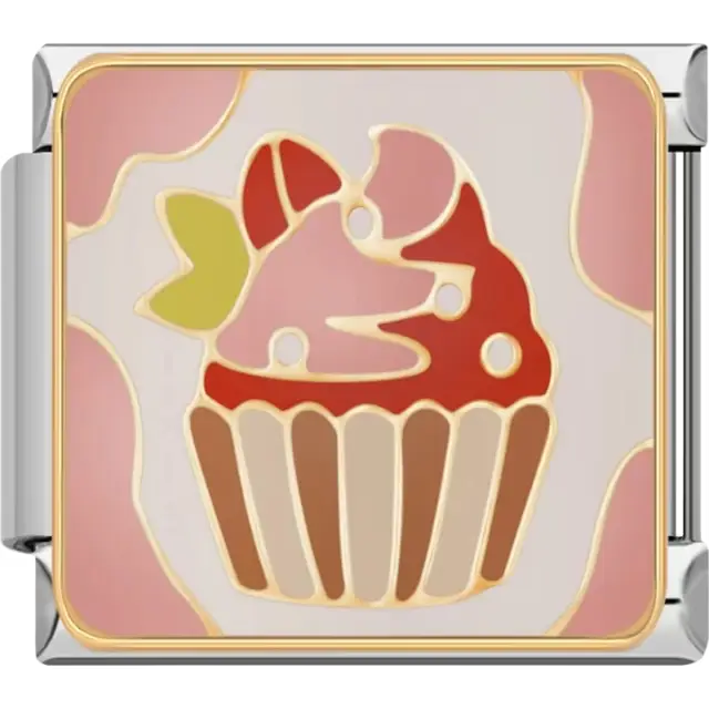Cupcake with red strawberry topping, pink frosting, and a gold outline on a pink background Italian charm bracelet link