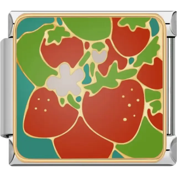 Strawberry patch design with red berries and green leaves Italian charm bracelet link