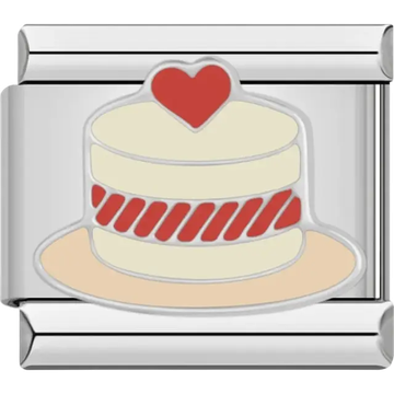 Layered shortcake design with cream, red strawberry details, and a heart on top Italian charm bracelet link