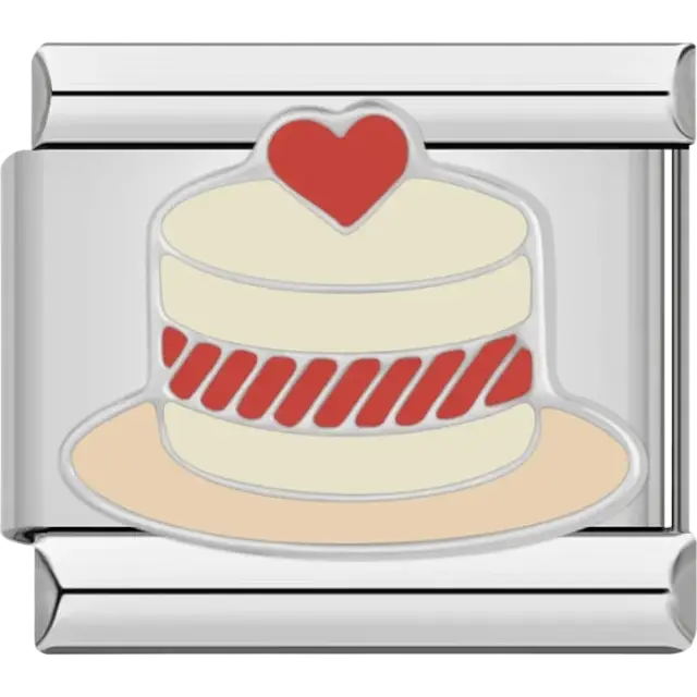 Layered shortcake design with cream, red strawberry details, and a heart on top Italian charm bracelet link