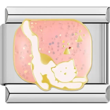 White and gold cat stretching on a pink glitter background Italian charm bracelet link