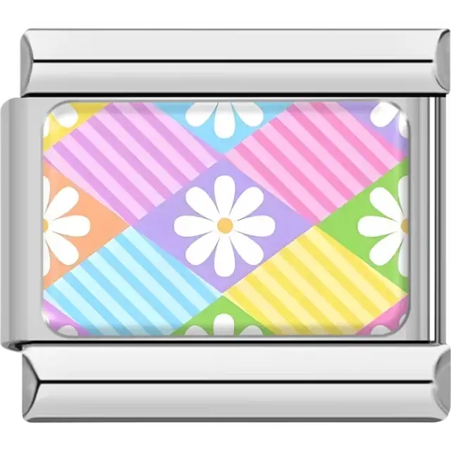 Diagonal pastel stripes with white daisies on colorful background Italian charm bracelet link