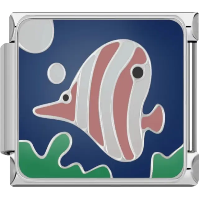Pink and white striped fish with black eye surrounded by bubbles and green seaweed on a blue background Italian charm bracelet link