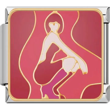 Abstract design of a woman outlined in gold on a red and pink background Italian charm bracelet link