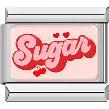 Red "Sugar" text with hearts and cherry Italian charm bracelet link