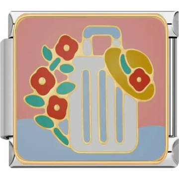 Travel suitcase with flowers and a sun hat design Italian charm bracelet link