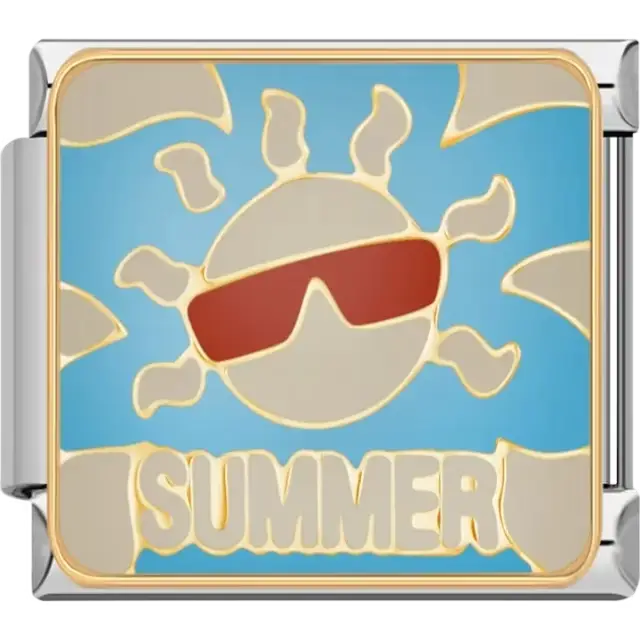 Beige sun wearing red sunglasses with "SUMMER" text on a blue background Italian charm bracelet link