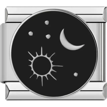 Circular charm with sun moon and stars on black background Italian charm bracelet link