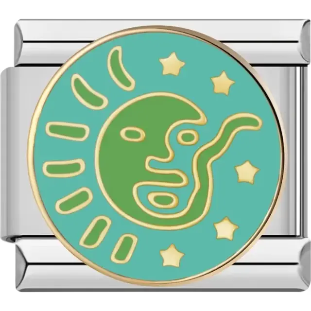Abstract sun and moon design with stars on a teal and gold Italian charm bracelet link