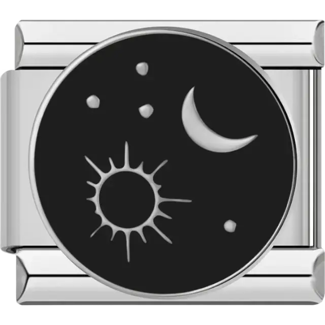 Circular charm with sun moon and stars on black background Italian charm bracelet link