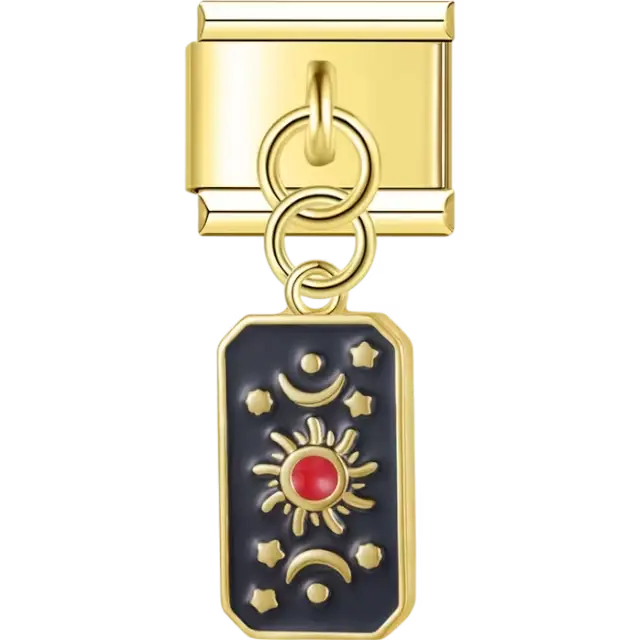 Sun and moon design with red accents on a black background Italian charm bracelet link