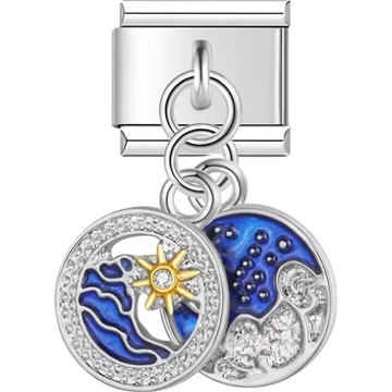 Blue sun and moon with starry night detail dangle Italian charm bracelet link