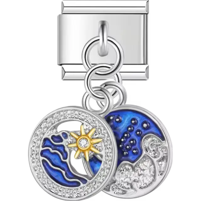 Blue sun and moon with starry night detail dangle Italian charm bracelet link