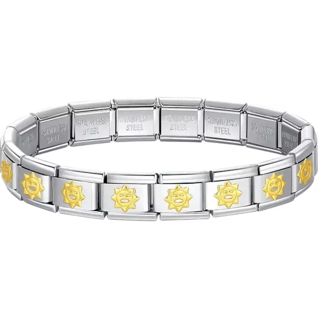 Gold smiling suns charms composing stainless steel Italian bracelet