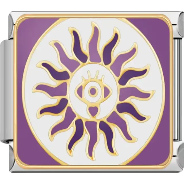 Purple and gold sun with central eye and heart accents Italian charm bracelet link