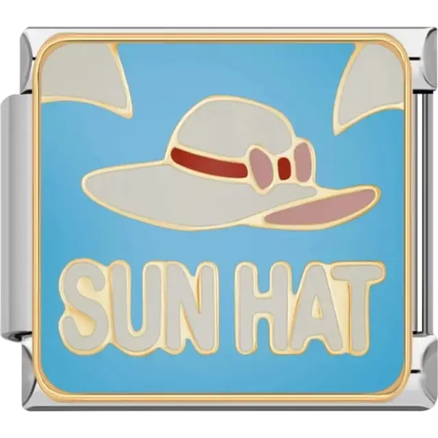 Beige sun hat with red band and bow and "SUN HAT" text on a blue background Italian charm bracelet link