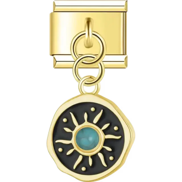 Gold sun medallion pendant with a turquoise center and black background Italian charm bracelet link