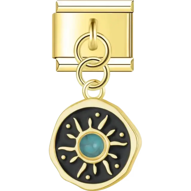 Gold sun medallion pendant with a turquoise center and black background Italian charm bracelet link