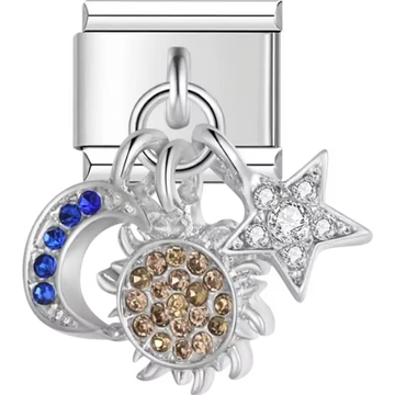 Blue crescent moon sun with gold gemstones and silver star with clear gemstones dangle Italian charm bracelet link