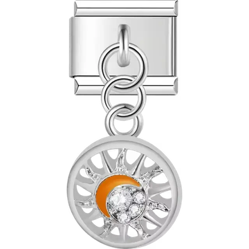 Sun moon crystal orange accent dangle Italian charm bracelet link