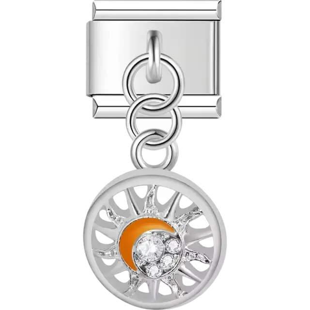 Sun moon crystal orange accent dangle Italian charm bracelet link