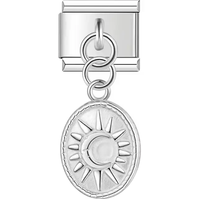 Silver oval sun moon stars celestial design pendant dangle Italian charm bracelet link