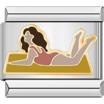 Woman with brown hair in a red swimsuit lying on a yellow mat Italian charm bracelet link