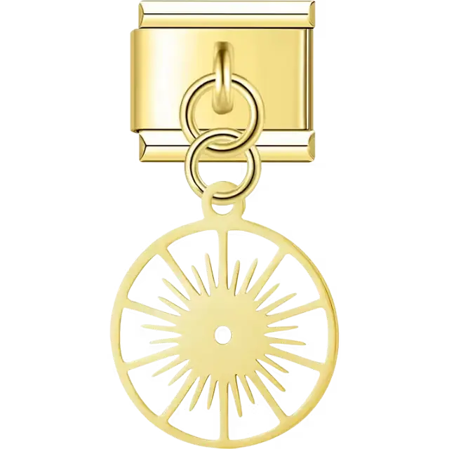 Round disc with sunburst rays cutout design on dangle medal Italian charm bracelet link