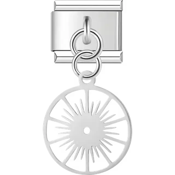 Round disc with sunburst rays cutout design on dangle medal Italian charm bracelet link