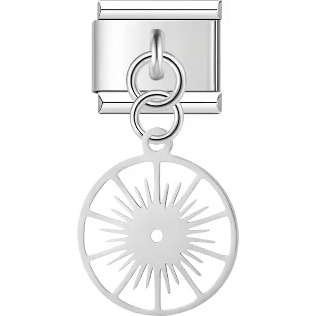 Round disc with sunburst rays cutout design on dangle medal Italian charm bracelet link