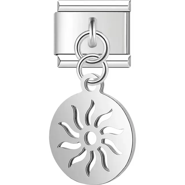 Round cut-out sunburst rays with dangling piece Italian charm bracelet link