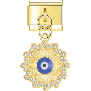 Gold dangling charm with a blue evil eye, sunburst details, and crystal accents Italian charm bracelet link