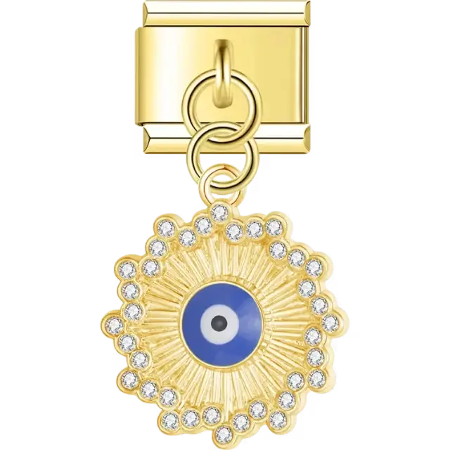 Gold dangling charm with a blue evil eye, sunburst details, and crystal accents Italian charm bracelet link